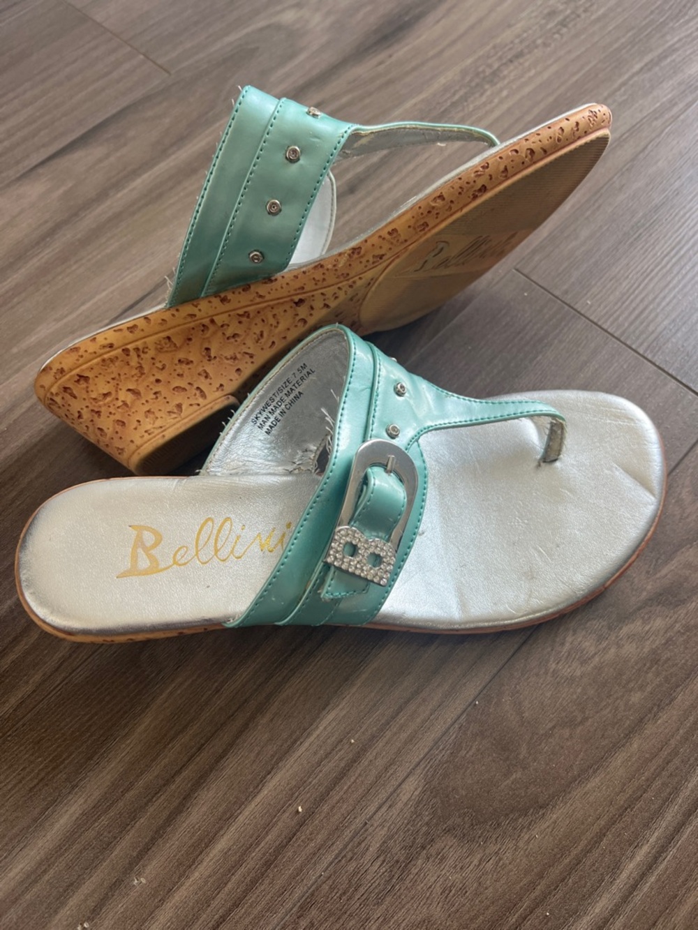 Bellini Mint Green Cork Wedge Thong Sandals with Rhinestone Buckle